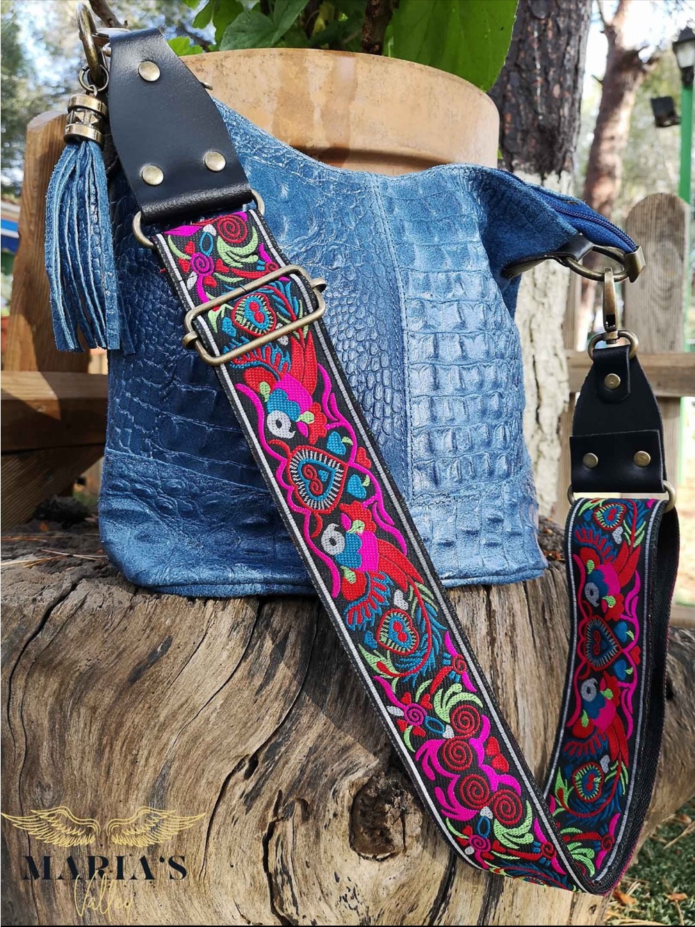 Embroidered Leather Guitar Strap for Purses